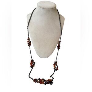 Beaded Necklace with Black Orange Amber and Red Faceted Accents Gun‎ Metal